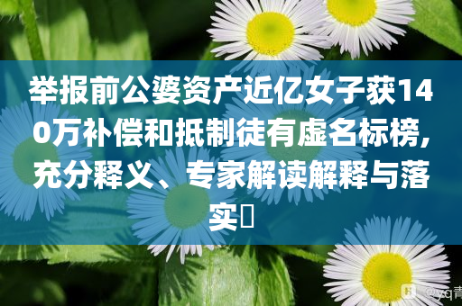 舉報(bào)前公婆資產(chǎn)近億女子獲140萬(wàn)補(bǔ)償和抵制徒有虛名標(biāo)榜,充分釋義、專家解讀解釋與落實(shí)?