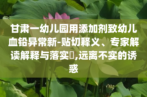 甘肅一幼兒園用添加劑致幼兒血鉛異常新-貼切釋義、專家解讀解釋與落實?,遠離不實的誘惑